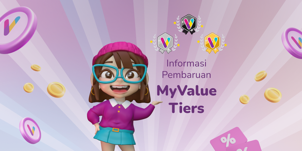 Informasi Pembaruan Sistem MyValue Tiers 2024 dengan gambar ilustrasi 3D Poin, Badge MyValue Tiers, ilustrasi perempuan memakai kacamata tosca, baju ungu dan rok tosca dengan background berwarna ungu.
