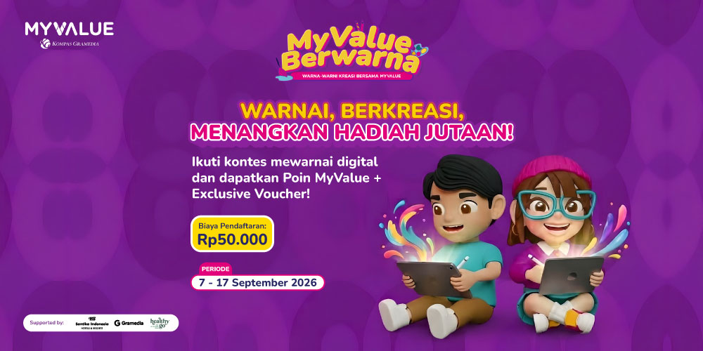 Poster Event MyValue Berwarna: Kontes Mewarnai Digital 100% Digital Paperless dengan total hadiah jutaan rupiah. Entry Rewards: 250 MyValue Points, Voucher Diskon Gramedia 20%, Voucher Potongan Santika Rp200.000, Voucher Healthy Go Rp100.000. Hadiah Juara Utama: Junior Rp1.000.000, Senior Rp1.500.000, People's Choice E-Wallet Rp250.000, dan Hadiah Lainnya. Registrasi: 7-17 September 2026, Biaya Pendaftaran Rp50.000 (normal Rp75.000).